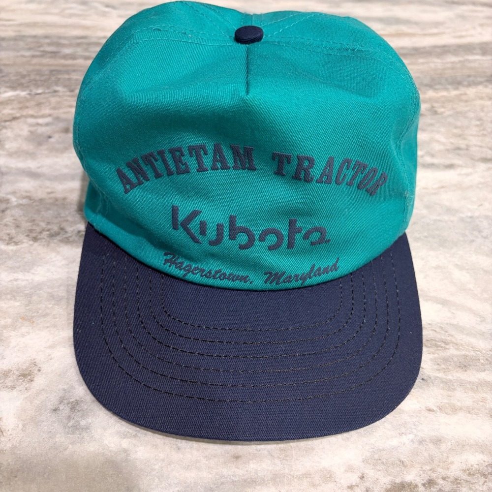 Vintage Kubota Antietam Tractor Snapback Hat Teal Navy Made in USA Mens Cap